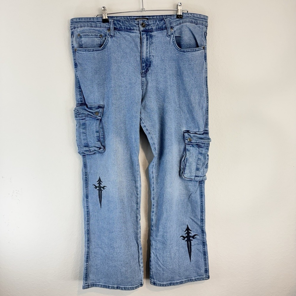 Hot Topic Dagger Cargo Denim Pants Wide Leg Blue Men's 38x32 Y2K